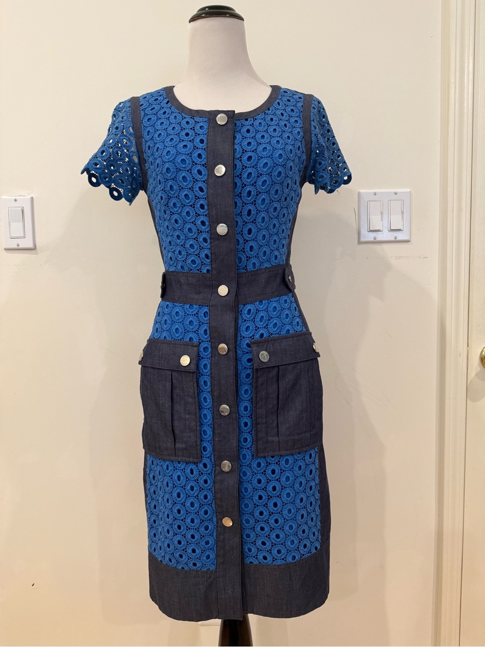 Karen Millen Blue Eyelet Contrast Pocket Sheath Dress